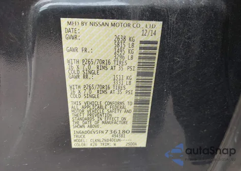 2015 Nissan Frontier Pro-4X/S/Sl/Sv из США, поврежденный, VIN 1N6AD0EV5FN736180